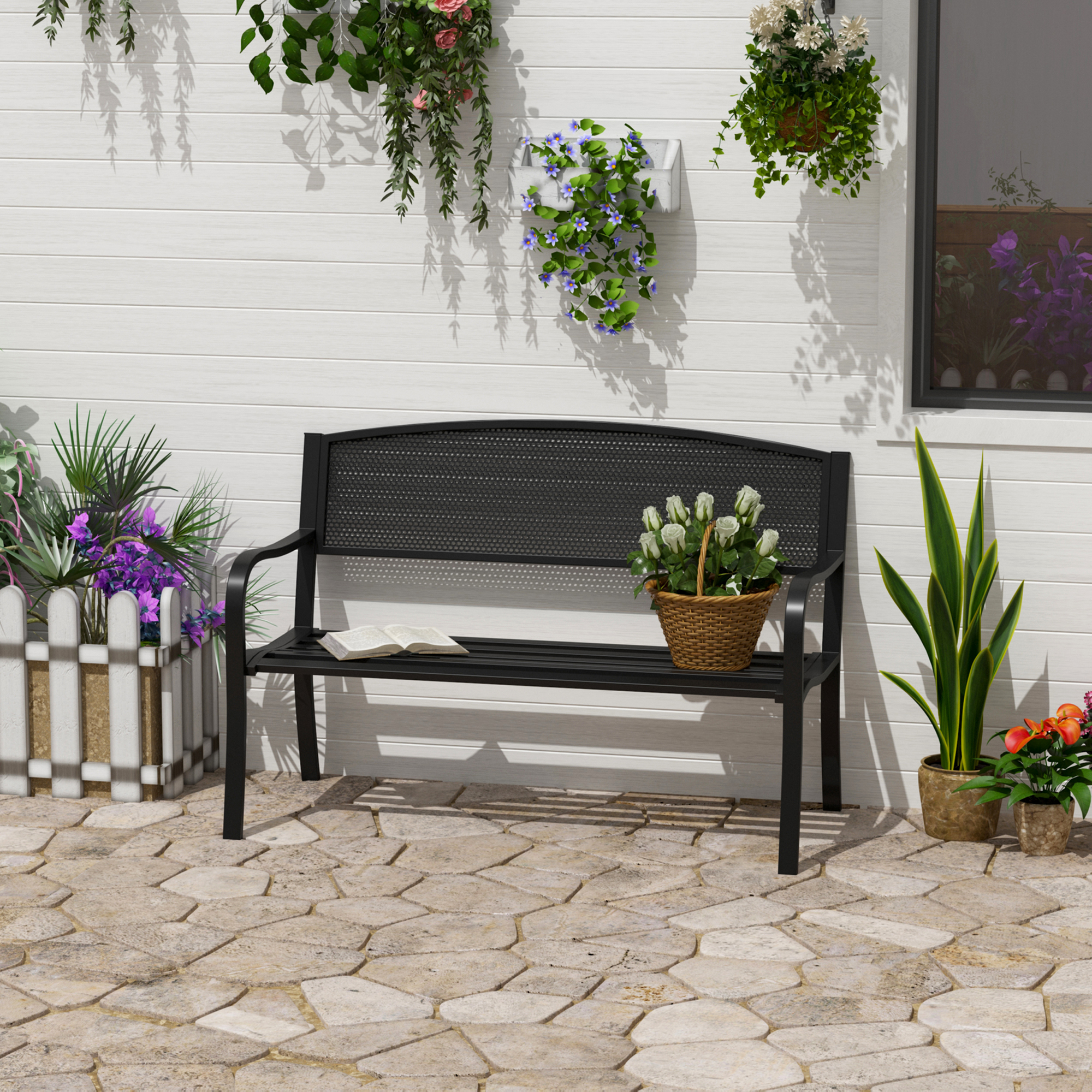 Outsunny Panca da Esterno Sedia da Giardino 2 posti in Acciaio, Nero, 127x60x85cm Aosom