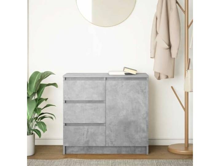 KTHLBRH Anrichte grau Beton 71 x 35 x 65 cm aus technischem Holz 1 Tür, 3 Schubladen, Innenregal, personalisierbare Installation, einfache Wartung