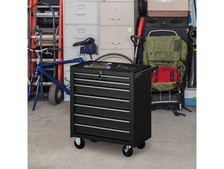 DURHAND Chariot Atelier 7 Tiroirs Serrure Roues Noir 69x33x75cm