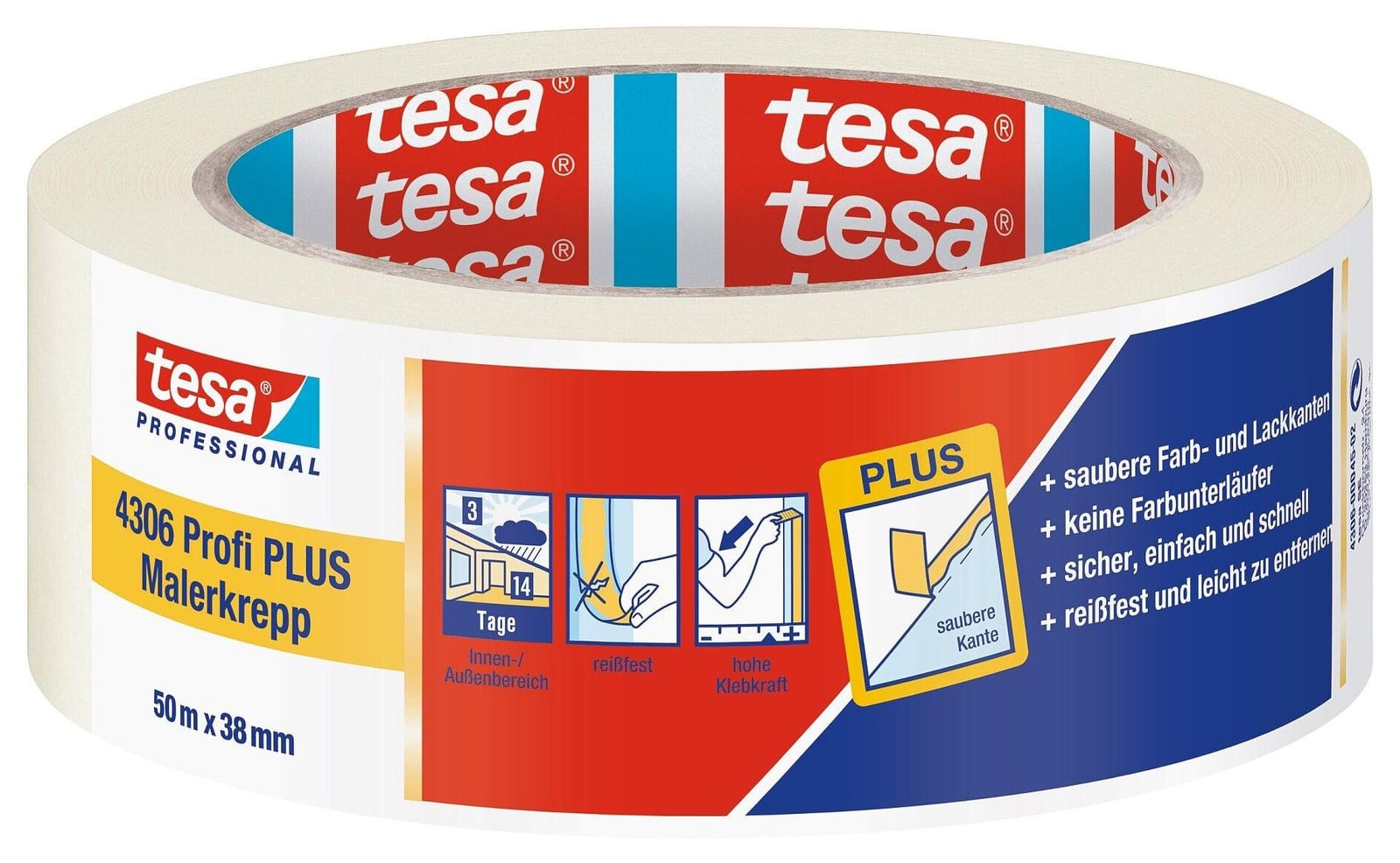 tesa Schilderstape 4306 Profi PLUS, lichtbeige, Breedte: 38 mm, Lengte: 50 meter