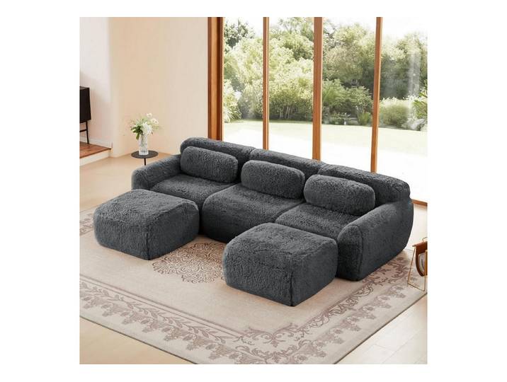LuxusKollektion Wohnlandschaft 3Sitzer Sofa 2 Hocker uförmig Kissen Grau 3-Sitzer Sofa + 2 Hockern