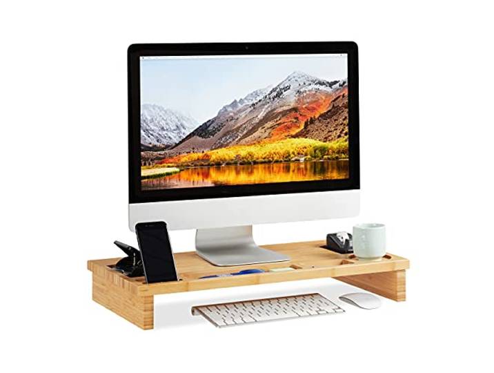 Relaxdays Support Moniteur Bambou\, Rehaussement écran PC\, Support d’écran espaces Rangement HLP 9 x 60 x 30cm\, Naturel