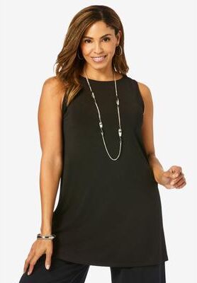 Plus Size Women's Stretch Knit Tunic Tank by The London Collection in Black (Size 12) Wrinkle Resistant Stretch Knit Long Shirt