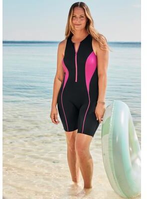 Plus Size Women's Chlorine-Resistant Unitard Romper by Swim 365 in Black Bright Fuchsia (Size 32)