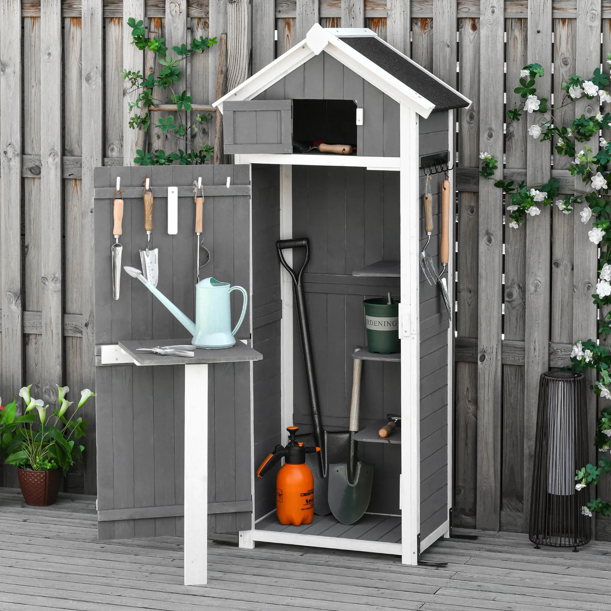 Gartenschrank - Holz-Geräteschrank - Wasserdicht - Mit Tür - Klapptisch - Grau