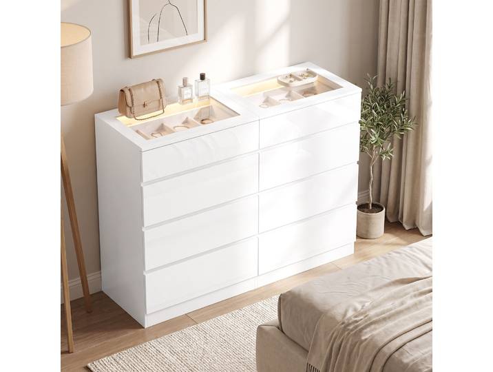 HOMCOM Commode 8 Tiroirs LED Bluetooth Verre Trempé Blanche