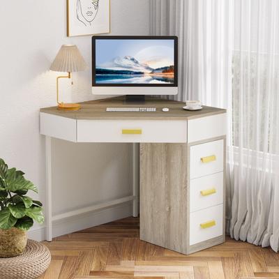1Easylife 90-Degree Writing Corner Desk, Triangle Computer Desk with 3 Drawers