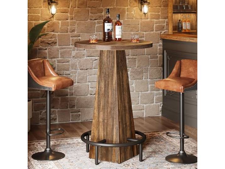 Tribesigns Runder Stehtisch, 95 cm hoch, Holz-Bistro-Kneipentisch mit Fußstütze aus Metallring für Esszimmer, Kaffee, Cocktail, Braun (nur Tisch)
