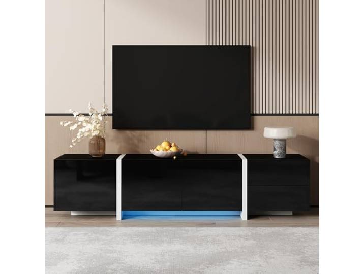 FammyLoft 170cm TV Lowboard mit Schranktüren und Schubladen, TV Schrank mit Schwarz Abgesetzte Tischbeine, Fernseher Schrank für Wohnzimmer, TV-Tisch, TV-Ständer, Schwarz