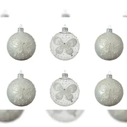 Christmas Decorations 6 Weihnachtskugeln 8cm Glas mit Motiv Christbaumkugeln klar weiß transparent
