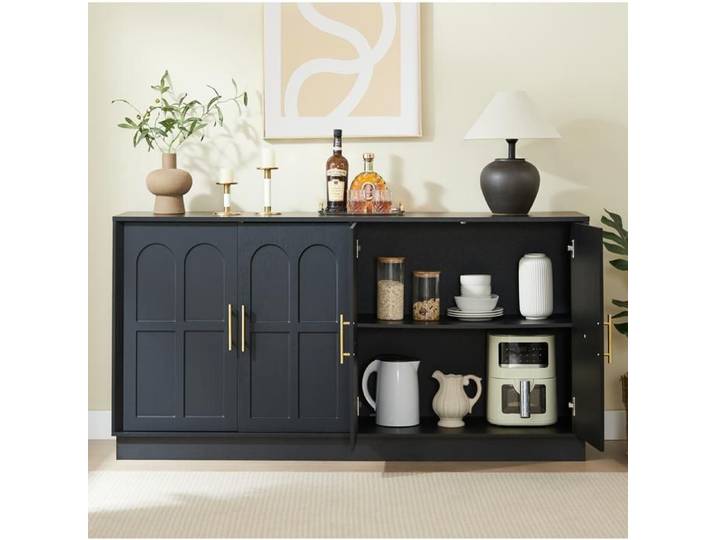 WOVREO Buffet bas 169 x 40 x 80 cm 4 portes avec étagères réglables MDF noir poignées en métal