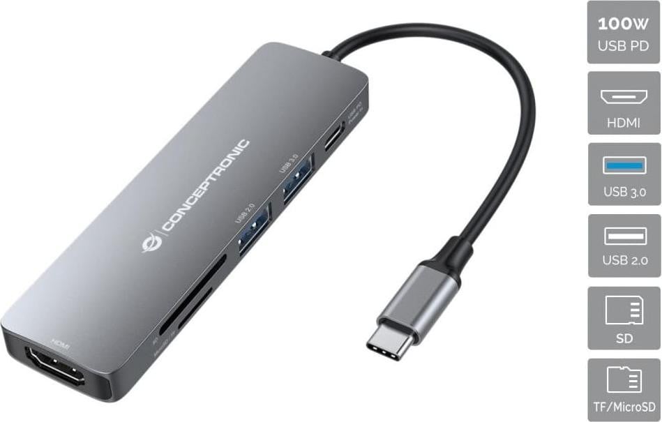 Conceptronic DONN11G 6-in-1 USB-C Dockingstation met HDMI en USB 3.0/2.0, Grijs