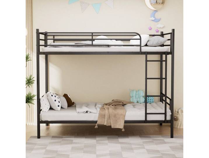 Lit superposé 90x190 cm lit mezzanine lit double cadre métallique avec escalier et échelle garde-corps anti-chute noir