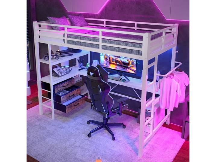 Lit Mezzanine Enfant 90x200 cm avec BarrièRes et Escalier Lit Enfant Superpose avec Bureau et 3 Tiroirs Lit Simple LED Blanc