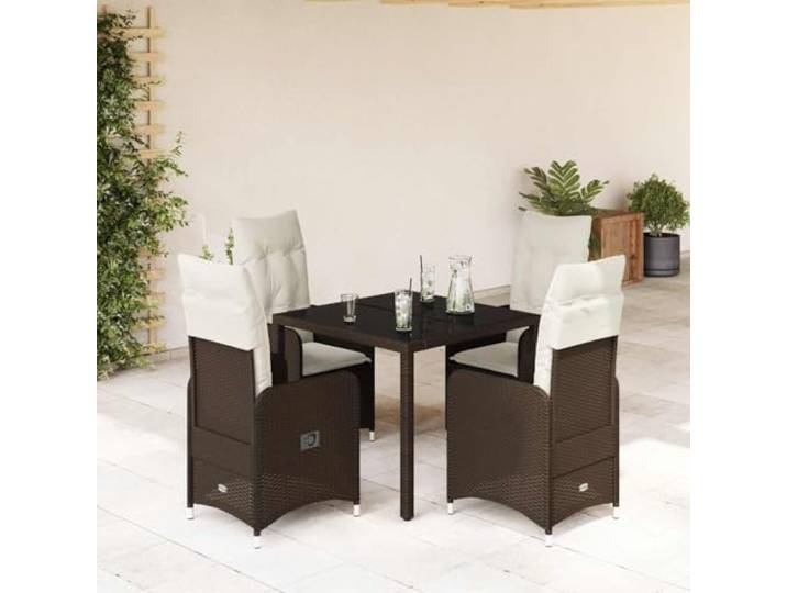 PE Rattan Bistro Set verstellbare Rückenlehne 5 tlg. Gartenmöbel Braun 5-tlg. Gartenbistro Set mit Kissen Poly Rattan Braun, UV-bestaendig, Sessel mit verstellbarer Rueckenlehne und Glas Tisch,