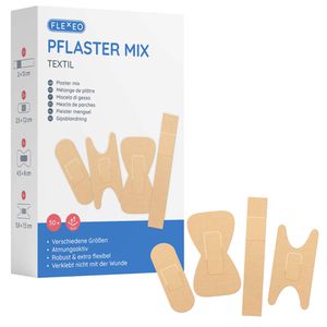 Flexeo Pflaster Mix Textil Pflasterset, 50 Strips, elastisch, atmungsaktiv, 4 Größen