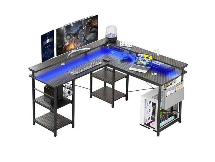 Bureau Gamer en L avec LEDs RGB Prises USB et 4 Étagères Réglables - Bureau d'Angle pour Gaming et Télétravail