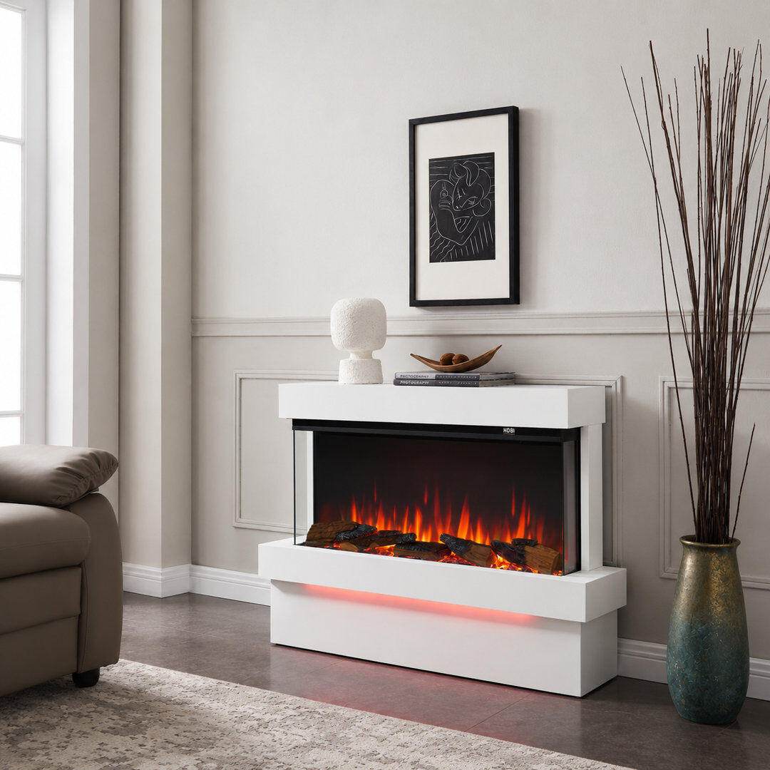 FLAMME Knighton 3-Sided Electric Free Standing Fireplace, Multiple Flame Colours, 1500W Heater, Crackling Sound Effect, Remote and APP Control, White White 59cm H x 110cm W x 25cm D