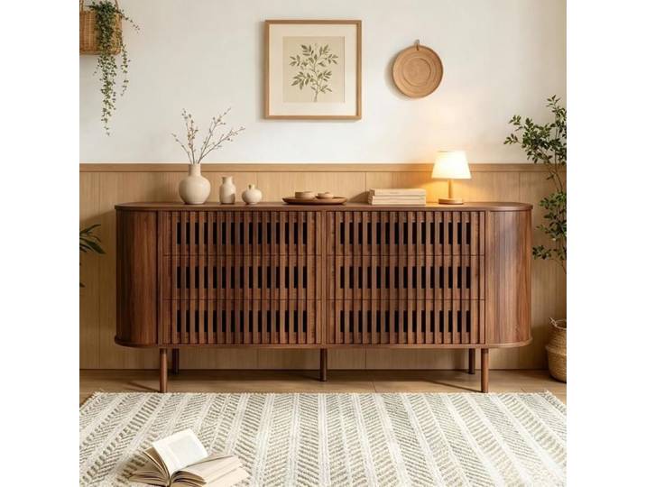 Commode à 6 Tiroirs Commode Design à Lamelles Creuses Buffet en Bois Moderne Pieds Métalliques pour Salon 160x40x70cm Noyer