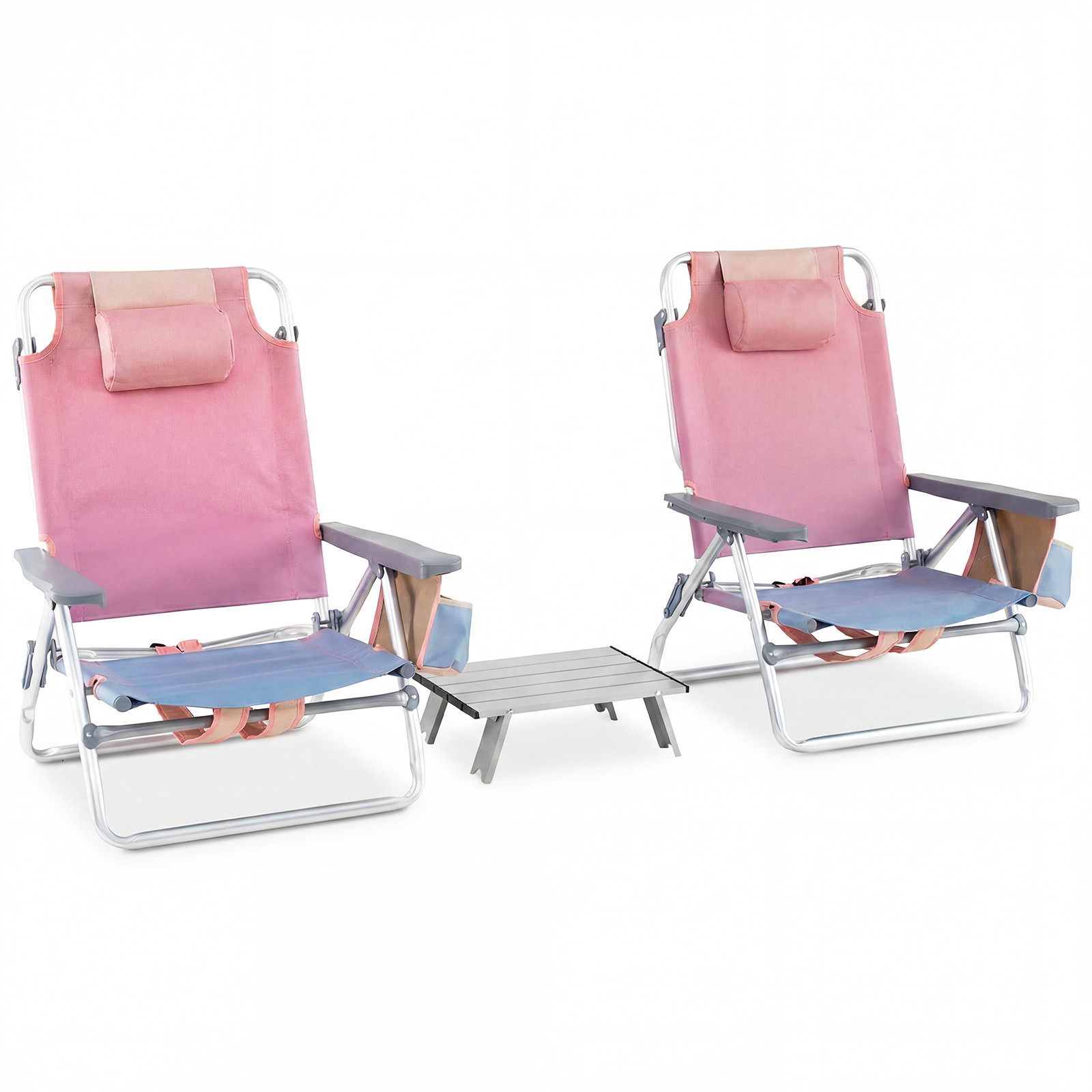 Costway Strandstoel en Tafel Set met 2 Opvouwbare Rugzakstoelen en Aluminium Tafel in Roze en Paars