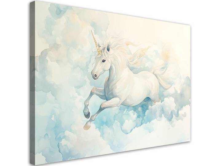 Feeby Wandbild für kinderzimmer einhorn in blauen wolken, Blau, Märchen/ Fantasie, Rechteckig, 90x60 cm, Bilder & Rahmen, Bilder, Leinwandbilder