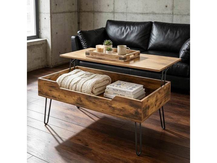 Table basse relevable avec rangement caché - LPOSPI - MDF et acier décor bois rustique - marron et noir
