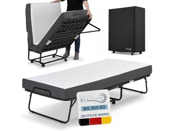 Beautissu Klappbett Gästebett Klappbar für Erwachsene bis 250 kg Rollbett 90x200cm 13cm Dicke Matratze Memory Schaum Faltbett 4 feststellbaren Rollen Platzsparend mit Schutzhülle Notbett Traumkraft L