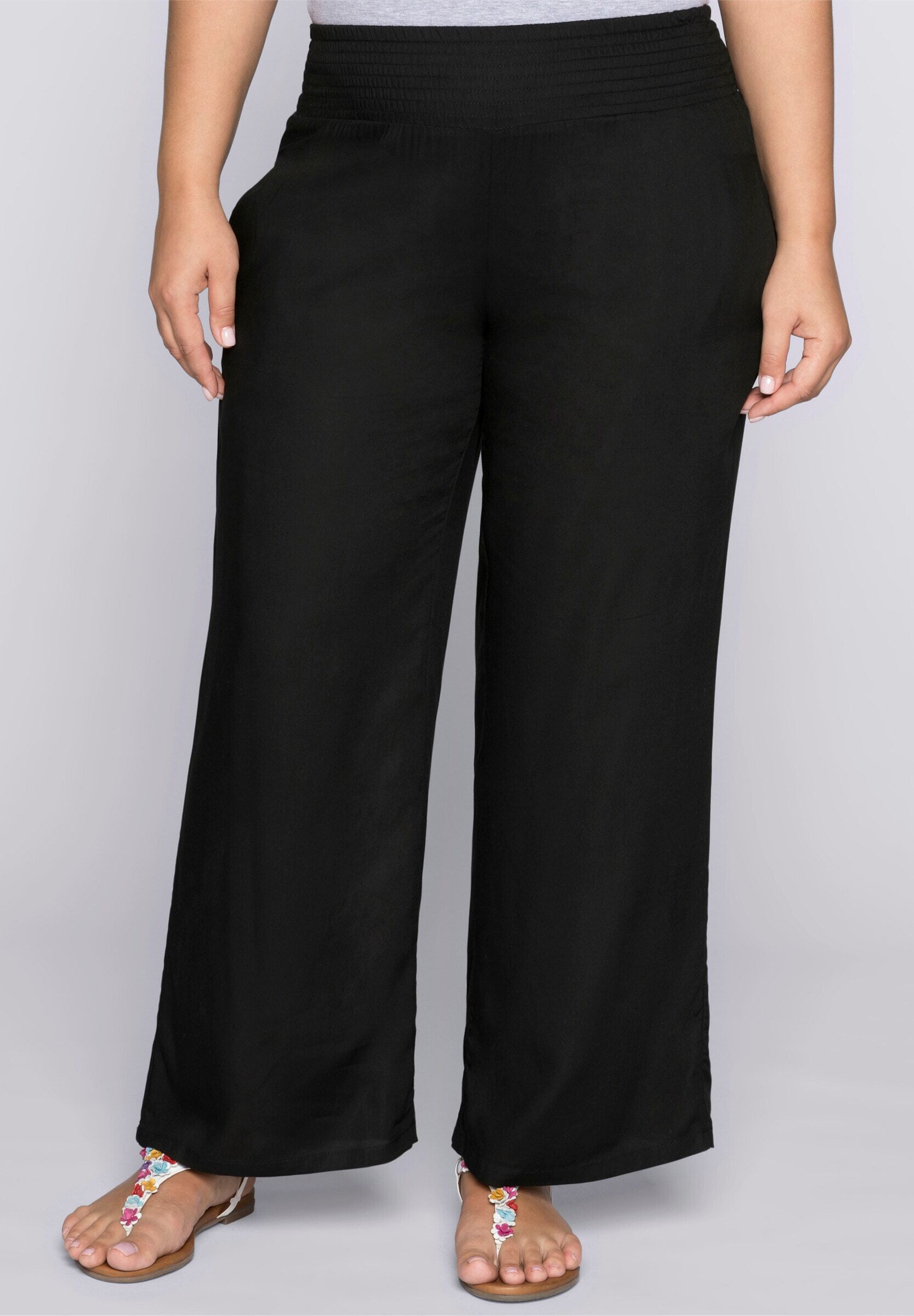 Strandkleid SHEEGO "Schlupfhose Schlupfhose mit weitem Bein", Damen, Gr. 50, schwarz, Modisch, weit, Hosen Strandkleid, mit Smokbund und Taschen