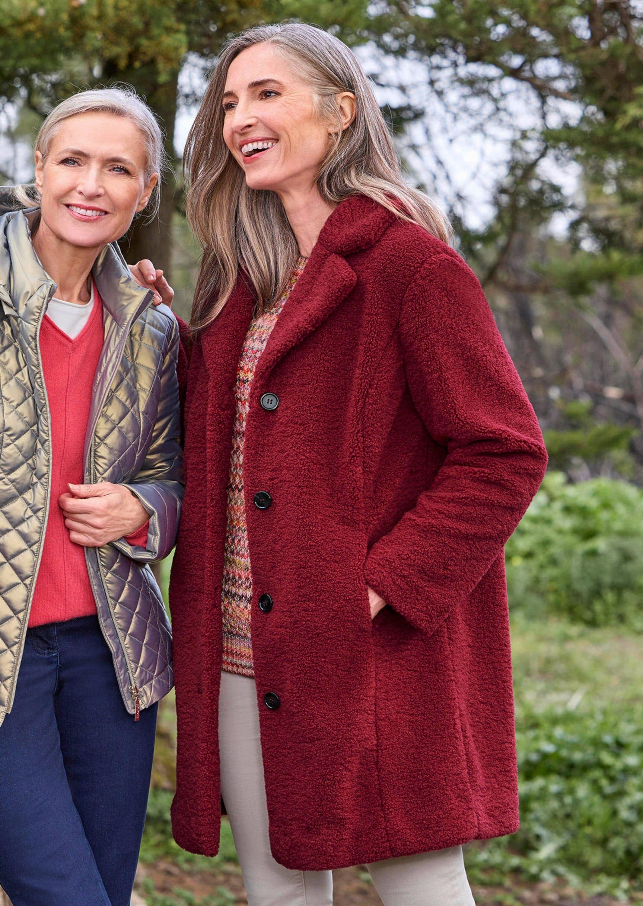 Winterjacke GOLDNER "Kuscheliger Teddymantel, Reverskragen", Damen, Gr. 44, rot (koralle), Obermaterial: 100% Polyester PES., Modisch, Jacken Winterjacke, Nahttaschen