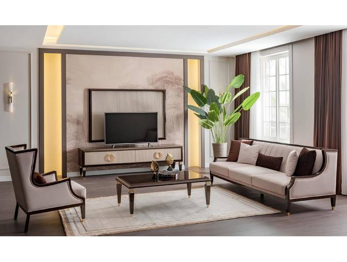 Xlmoebel Polstergarnitur XLMOEBEL Wohnzimmer Set mit Polsterstoff in Weiß und Braun, (Polstergarnitur, 4-tlg., Wohnzimmer Set Weiß/Braun), Made in Europa