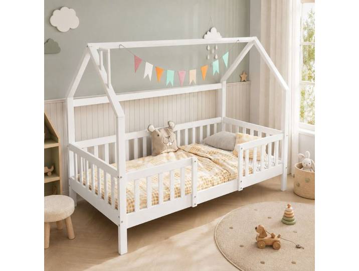 LEMONMAX Lit Cabane Enfant 90x200 cm avec Cheminée Barrières de Sécurité et Sommier à Lattes Blanc