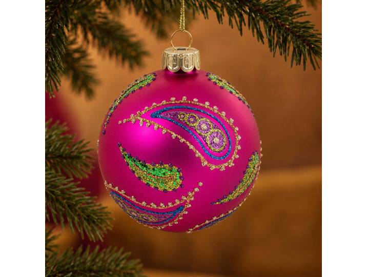 Rosafarbene Weihnachtskugel aus Glas mit mehrfarbigen Mustern