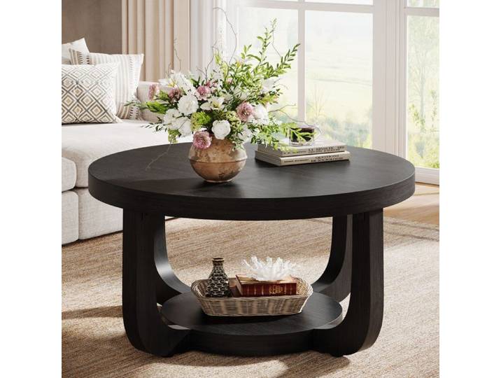 Table basse ronde - LITTLE TREE - Little Tree - 2 niveaux avec rangement - Plateau épais - Noir