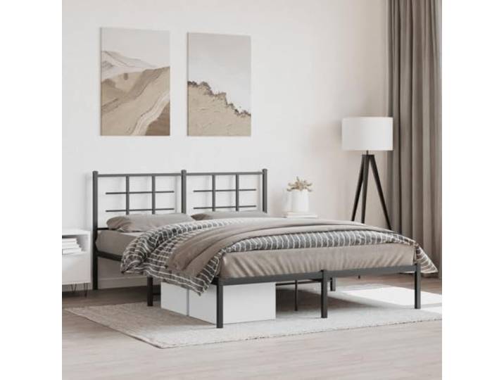 Pulverbeschichteter Stahl Robust Stauraum Klassisch 160x200 cm Schwarz Bettgestell mit Kopfteil Metall Schwarz 160x200 cm Stabil Stahlbett mit Lattenrost und Stauraum Modernes Doppelbett fuer