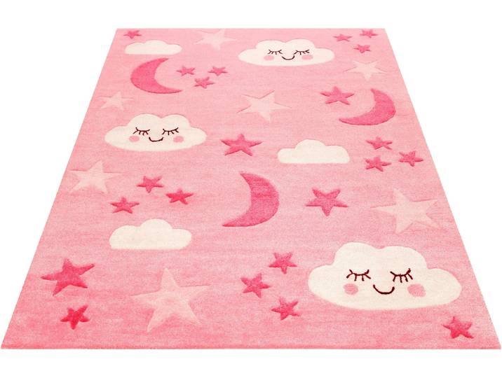 Kinderteppich SMART KIDS LaLeLu Gr. 3, rosa, B:120cm H:9mm L:170cm, Kunstfaser, Teppiche, Kinderteppich, Mond Sterne Wolken, Konturenschnitt
