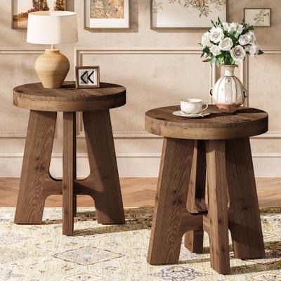 OEM Solid Wood End Table, Round Side Table for Couch, Mid Century Modern Bedside Table for Bedroom, Small Spaces (Set of 2)
