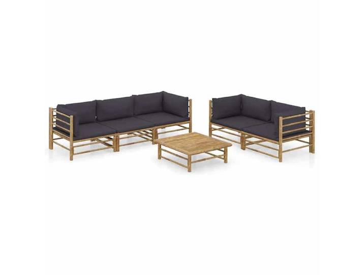 Salon de jardin bambou naturel coussins gris foncé mobilier extérieur 6 places terrasse balcon patio