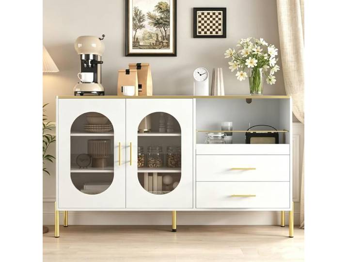 Buffet moderne avec 2 tiroirs et 2 portes en verre - Armoire de cuisine - pour salon salle à manger - Blanc + doré 140x38x90cm