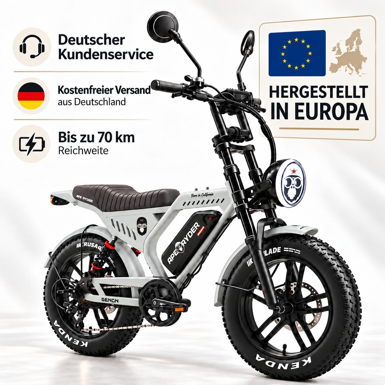 APE RYDER Mandrill 20 Zoll Fatbike E-Bike, 48V 15Ah Akku, 250W, 25 km/h, Shimano 7-Gang, hydraulische Scheibenbremsen, NFC-Display