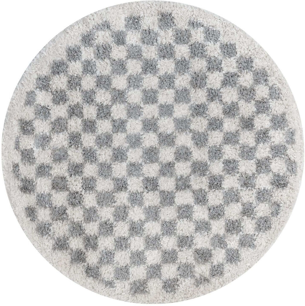 THE RUGS Moodi Modern Shaggy Area Rug Checkered Design Off-White/Grey Round 120 cm