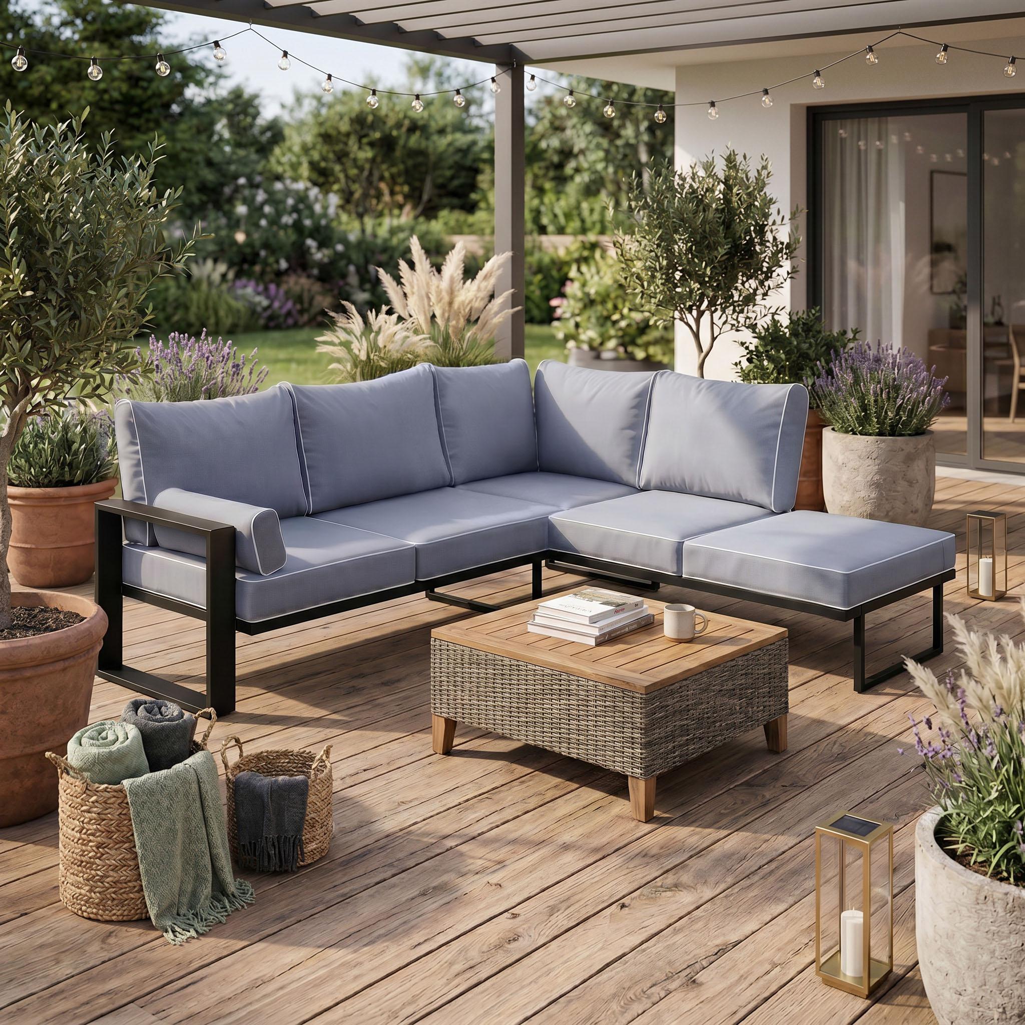 BEAUTYSOFA | VERDINO Gartenecke Blaugrau 2R2 Offen - Garten Lounge Ecke wetterfest mit Metallrahmen, Outdoor Ecksofa, SIMAX 42