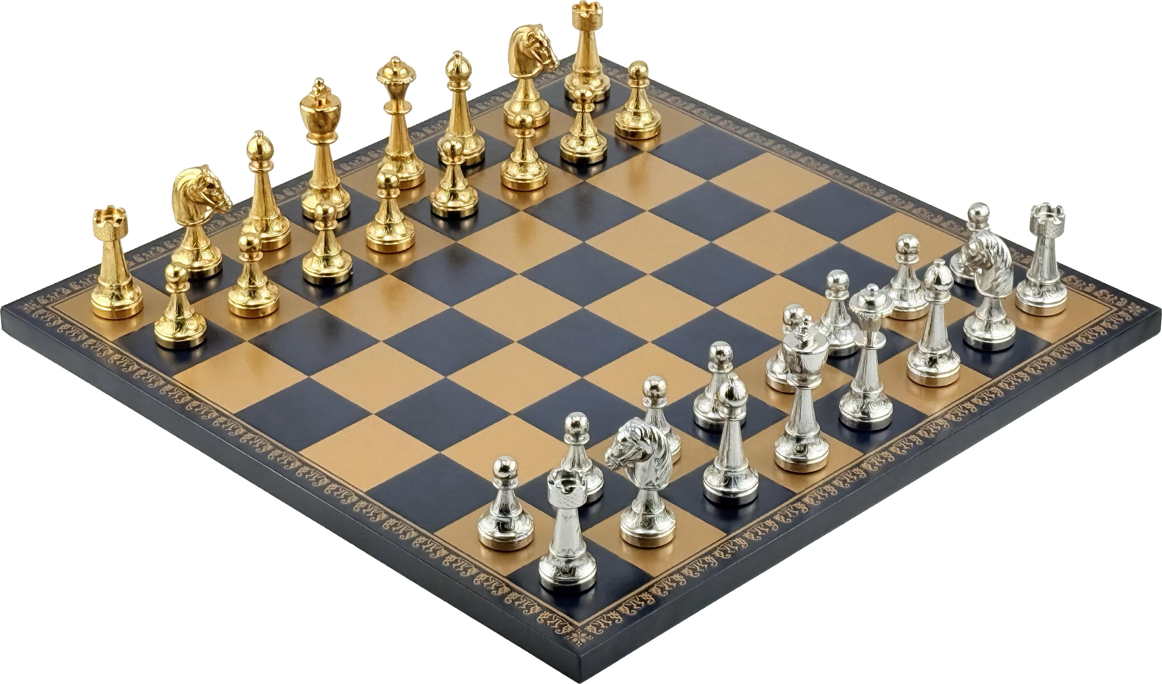 ITALFAMA Luxus Staunton Schachset mit 24K Gold/925 Silber und Kunstleder-Spielbrett 40 cm