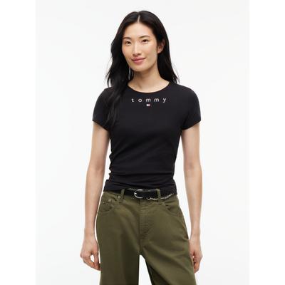 Rundhalsshirt TOMMY JEANS "TJW SLIM TOMMY BLING SS TEE", Damen, Gr. XS (34), schwarz, Single Jersey, Obermaterial: 100% Baumwolle, bedruckt, slim fit normal, Rundhals, Shirts Rundhalsshirt, Baumwolle, slim fit