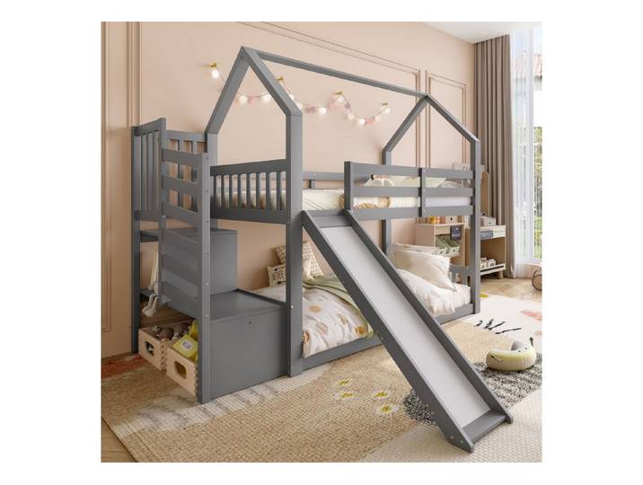 Flieks Etagenbett, Kinderbett mit Treppe & Rutsche & oberem Lattenrost 90x200cm