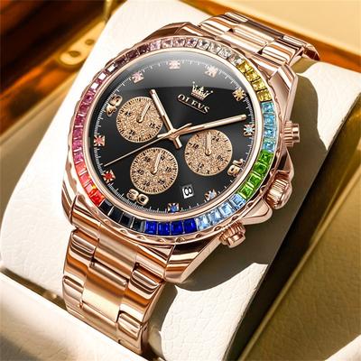 Fashion Sheath OLEVS Rainbow Gemstone Bezel Quartz Watch rose Gold Black