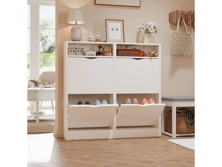 Meuble à Chaussures Entree Armoire Chaussures avec Compartiments Ouverts 4 Portes Abattantes Entrée Couloir 17x100x100cm Blanc