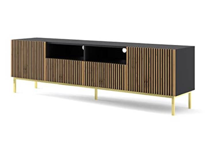 BIM Furniture TV-Schrank Ravenna F 200 cm 2D2S mit gefräster Front Hochwertiges MDF Lowboard Schrank TV Tisch Sideboard Kommode Hi-Fi Tisch Fernsehtisch Skandinavische (Schwarz Matt/Artisan Eiche)