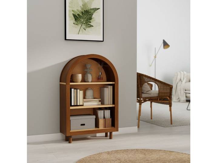 WOVREO Bibliothèque ouverte 3 étagères 60 x 24 x 95 cm sommet cintré finition noyer