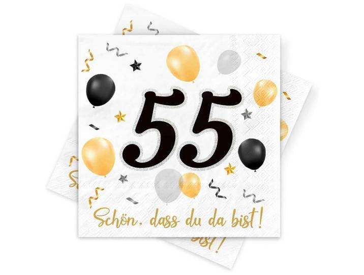 Servietten 55. Geburtstag 30 Stück Schwarz Gold, Mehrfarbig, Papier, 33x33 cm, Geschirr, Tischkultur & Serviergeschirr, Servietten