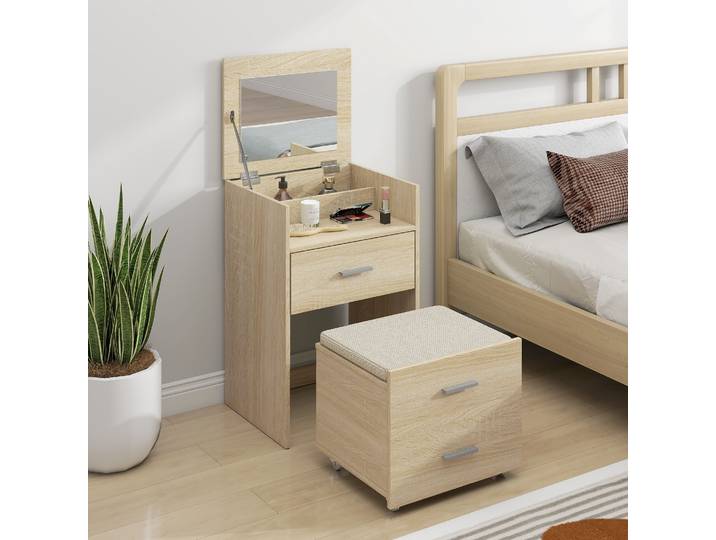 HOMCOM Coiffeuse avec Miroir Rabattable Naturel